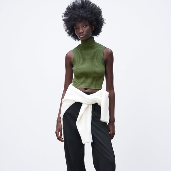 ZARA WOMEN RIBBED KNIT CROP MOCK NECK OLIVE Green  TOP SIZE L.NEW WITH TAG - Picture 1 of 7